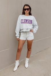 CLEMSON TIGERS PASS THE SHINE LONG SLEEVE METALLIC SHIMMER-STRIPE TOP WITH RIBBED NECKLINE AND CUFFS
