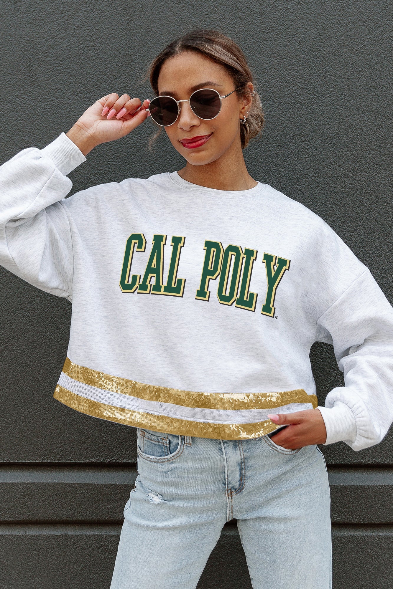 CAL POLY MUSTANGS PASS THE SHINE LONG SLEEVE METALLIC SHIMMER-STRIPE TOP WITH RIBBED NECKLINE AND CUFFS