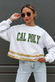 CAL POLY MUSTANGS PASS THE SHINE LONG SLEEVE METALLIC SHIMMER-STRIPE TOP WITH RIBBED NECKLINE AND CUFFS