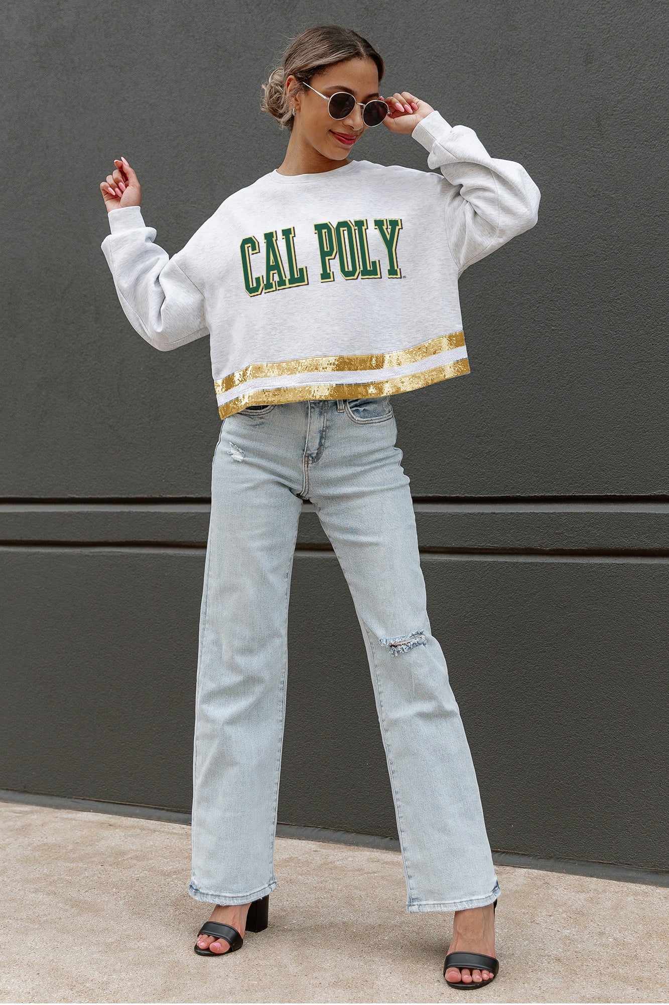 CAL POLY MUSTANGS PASS THE SHINE LONG SLEEVE METALLIC SHIMMER-STRIPE TOP WITH RIBBED NECKLINE AND CUFFS