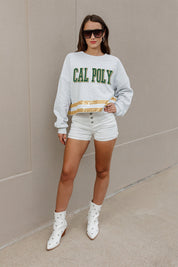 CAL POLY MUSTANGS PASS THE SHINE LONG SLEEVE METALLIC SHIMMER-STRIPE TOP WITH RIBBED NECKLINE AND CUFFS