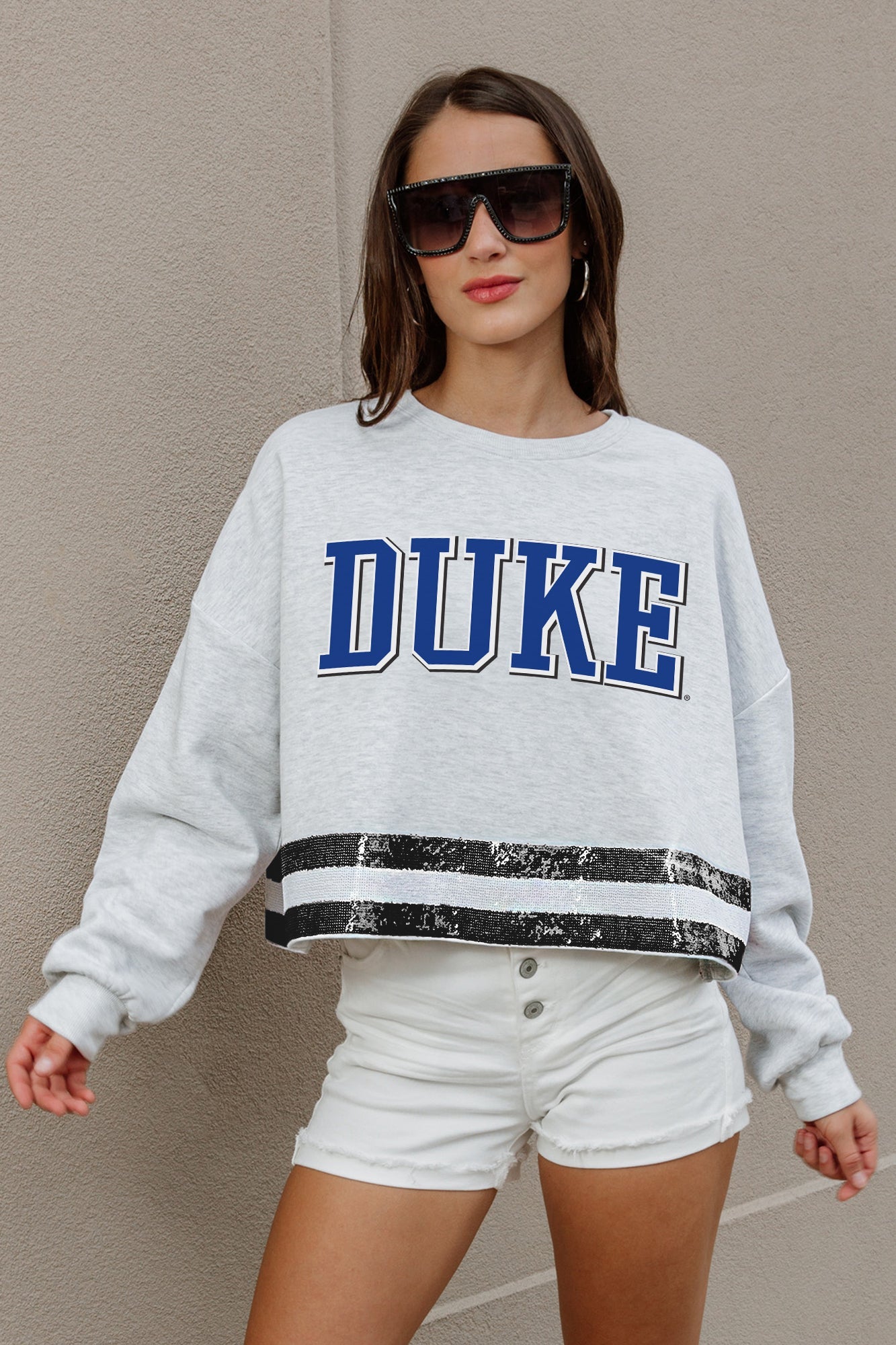 DUKE BLUE DEVILS PASS THE SHINE LONG SLEEVE METALLIC SHIMMER-STRIPE TOP WITH RIBBED NECKLINE AND CUFFS