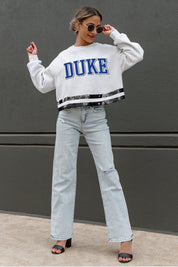 DUKE BLUE DEVILS PASS THE SHINE LONG SLEEVE METALLIC SHIMMER-STRIPE TOP WITH RIBBED NECKLINE AND CUFFS