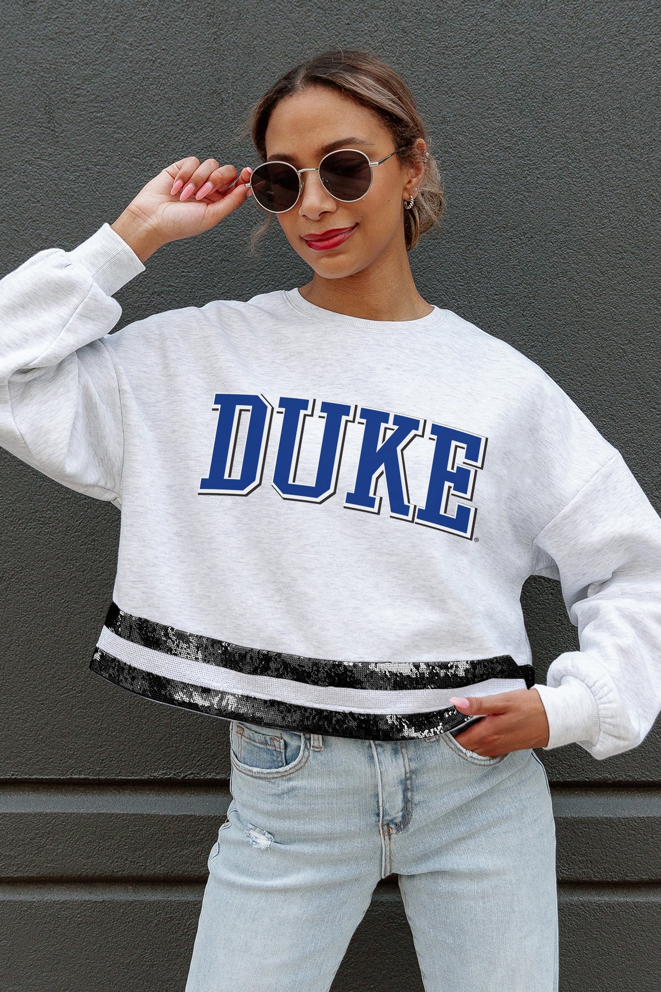 DUKE BLUE DEVILS PASS THE SHINE LONG SLEEVE METALLIC SHIMMER-STRIPE TOP WITH RIBBED NECKLINE AND CUFFS