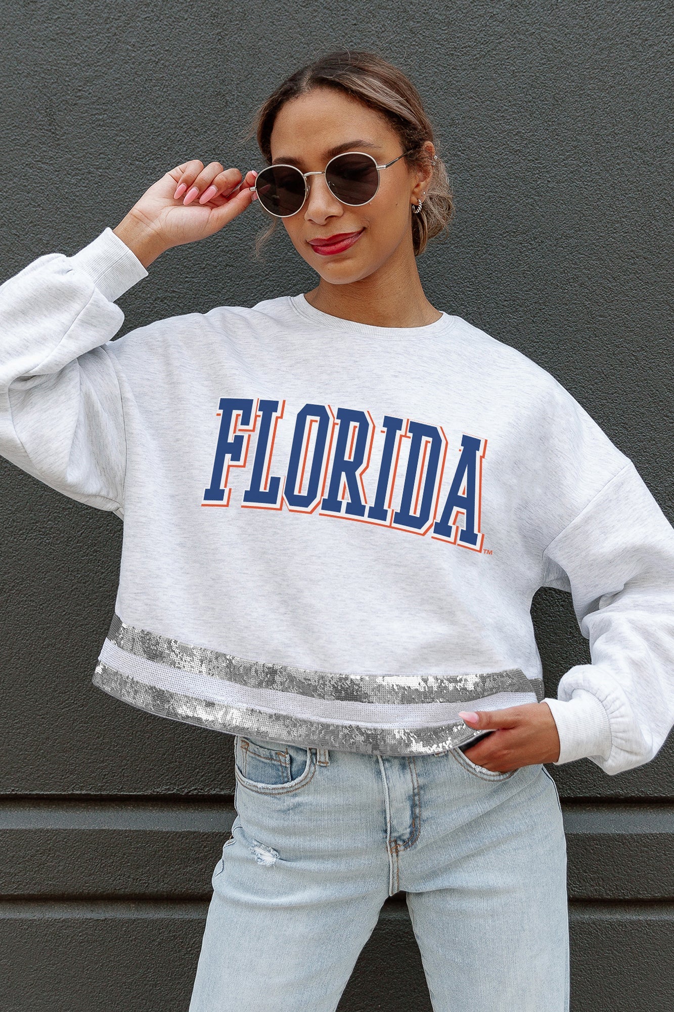 FLORIDA GATORS PASS THE SHINE Cropped Sweatshirt - On Model Close-Up | Gameday Couture - SOHO
