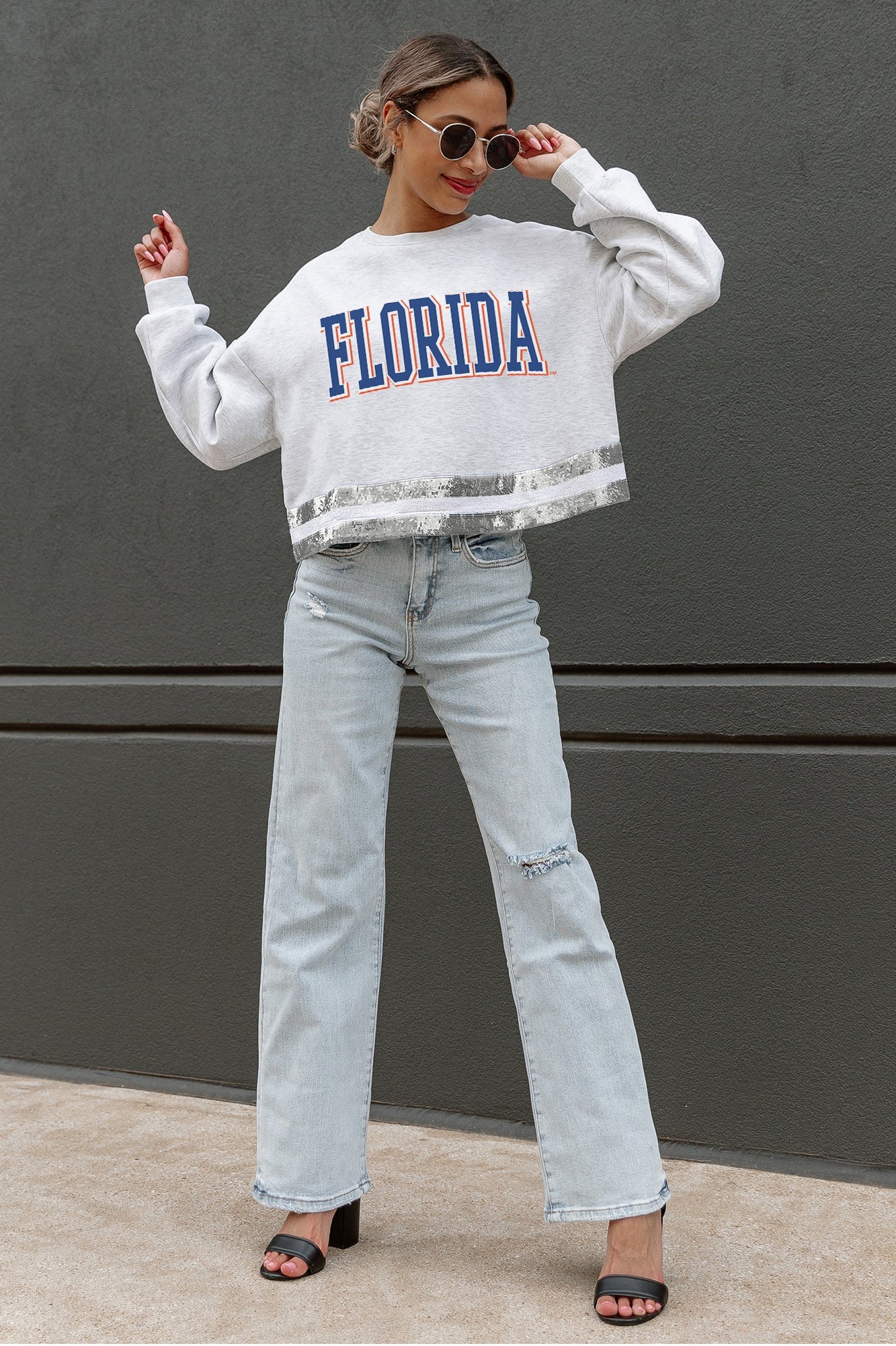 FLORIDA GATORS PASS THE SHINE Metallic Stripe Top - On Model Front View | Gameday Couture - SOHO