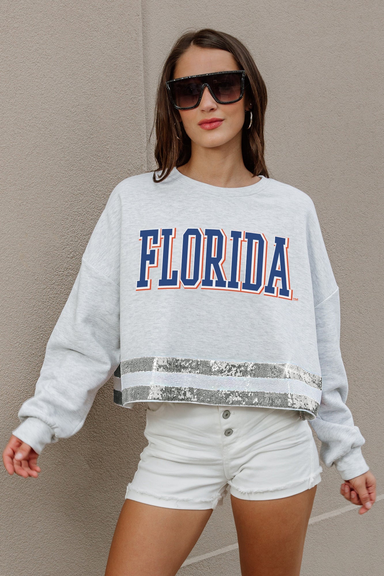 FLORIDA GATORS PASS THE SHINE Sequin Detail Sweatshirt - Sequin Stripes Close-Up | Gameday Couture - SOHO