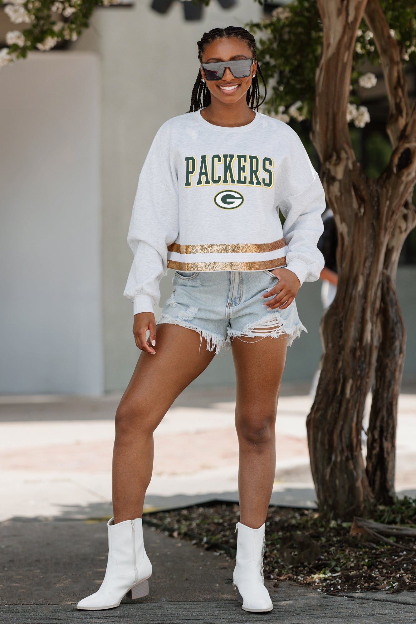 GREEN BAY PACKERS PASS THE SHINE LONG SLEEVE METALLIC SHIMMER-STRIPE TOP