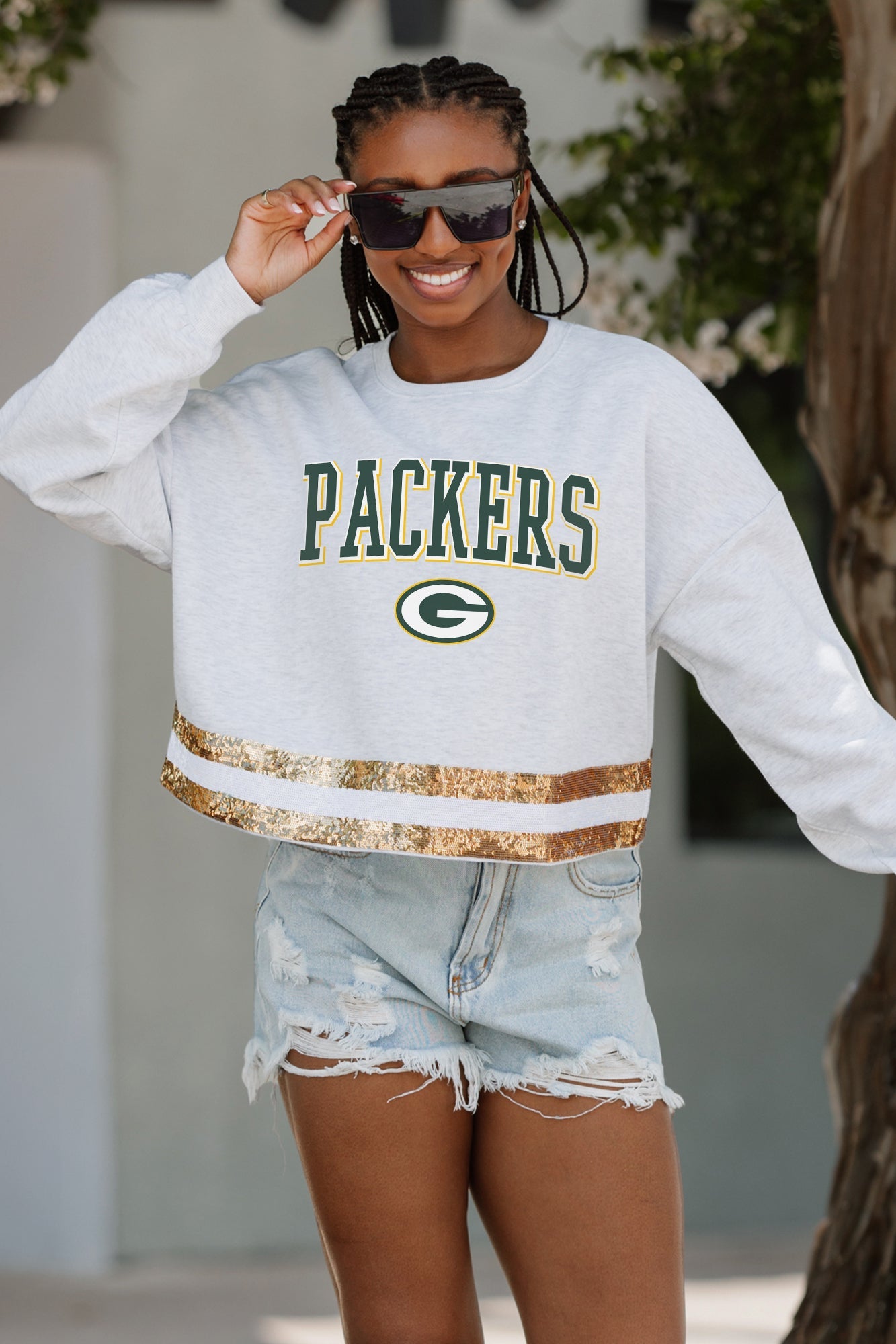 GREEN BAY PACKERS PASS THE SHINE LONG SLEEVE METALLIC SHIMMER-STRIPE TOP