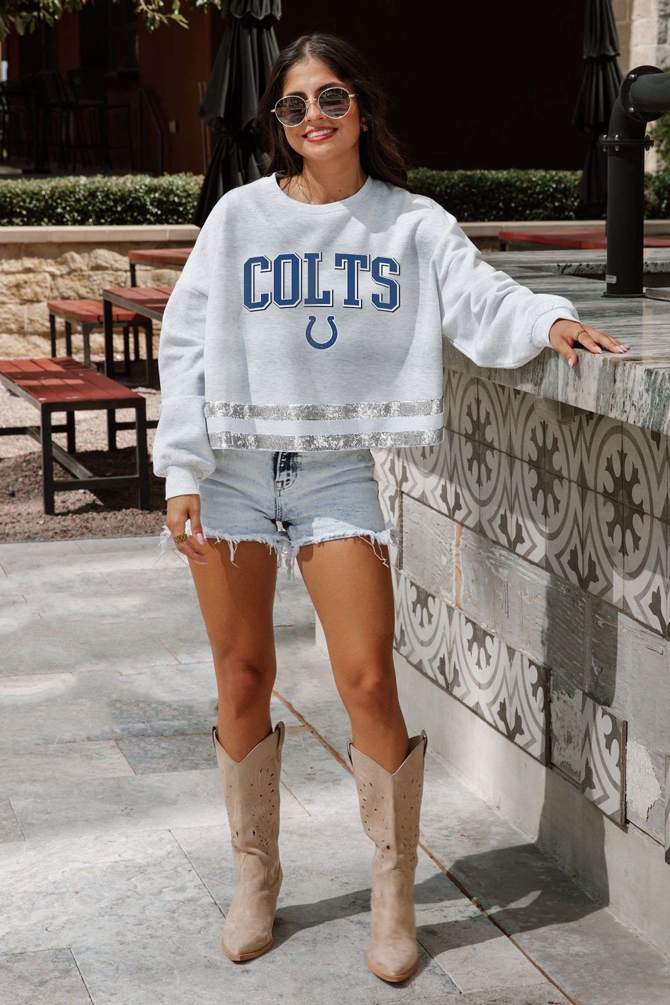 INDIANAPOLIS COLTS PASS THE SHINE LONG SLEEVE METALLIC SHIMMER-STRIPE TOP