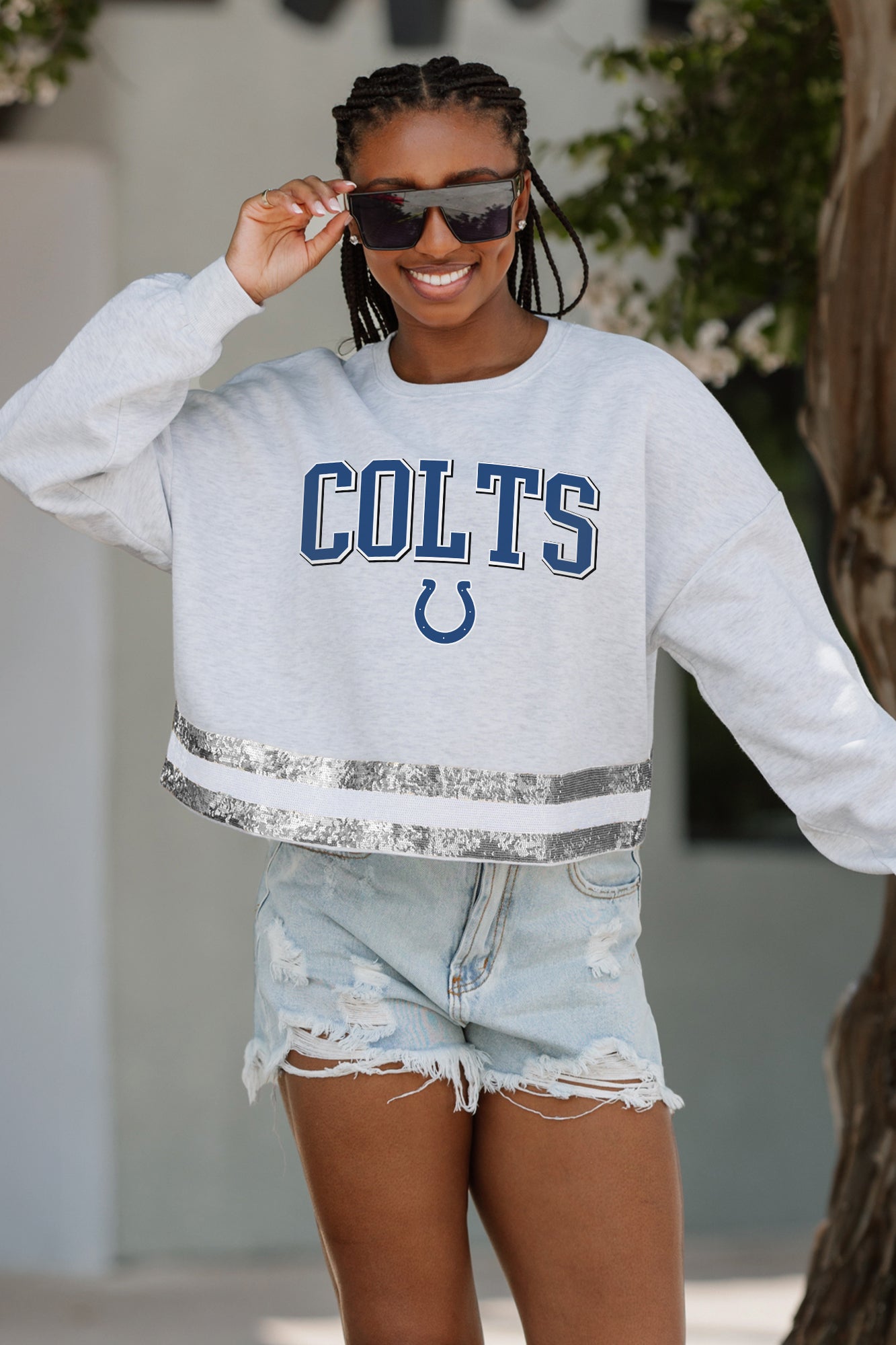 INDIANAPOLIS COLTS PASS THE SHINE LONG SLEEVE METALLIC SHIMMER-STRIPE TOP