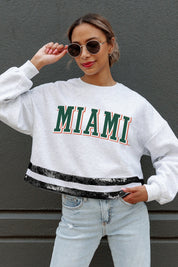 MIAMI HURRICANES PASS THE SHINE LONG SLEEVE METALLIC SHIMMER-STRIPE TOP WITH RIBBED NECKLINE AND CUFFS