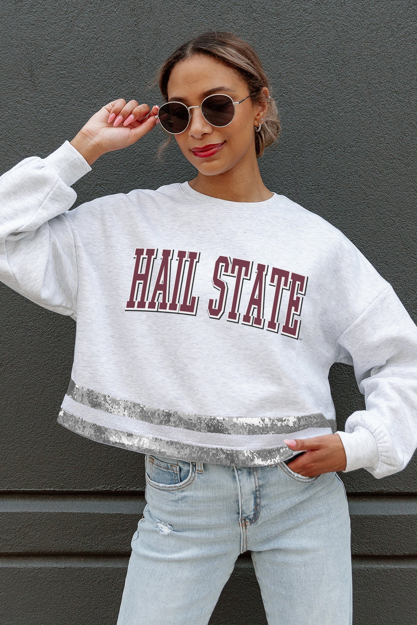 MISSISSIPPI STATE BULLDOGS PASS THE SHINE LONG SLEEVE METALLIC SHIMMER-STRIPE TOP WITH RIBBED NECKLINE AND CUFFS