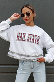 MISSISSIPPI STATE BULLDOGS PASS THE SHINE LONG SLEEVE METALLIC SHIMMER-STRIPE TOP WITH RIBBED NECKLINE AND CUFFS
