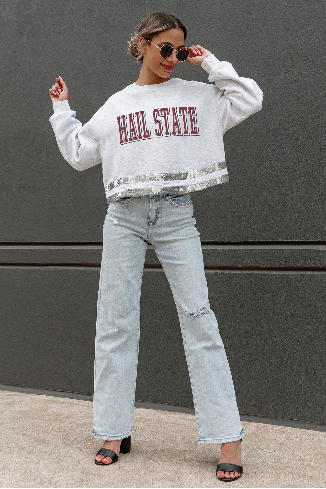 MISSISSIPPI STATE BULLDOGS PASS THE SHINE LONG SLEEVE METALLIC SHIMMER-STRIPE TOP WITH RIBBED NECKLINE AND CUFFS