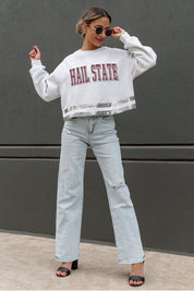 MISSISSIPPI STATE BULLDOGS PASS THE SHINE LONG SLEEVE METALLIC SHIMMER-STRIPE TOP WITH RIBBED NECKLINE AND CUFFS