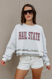 MISSISSIPPI STATE BULLDOGS PASS THE SHINE LONG SLEEVE METALLIC SHIMMER-STRIPE TOP WITH RIBBED NECKLINE AND CUFFS