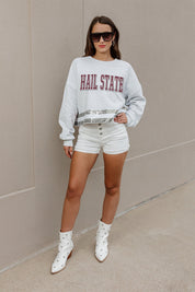 MISSISSIPPI STATE BULLDOGS PASS THE SHINE LONG SLEEVE METALLIC SHIMMER-STRIPE TOP WITH RIBBED NECKLINE AND CUFFS