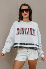 MONTANA GRIZZLIES PASS THE SHINE LONG SLEEVE METALLIC SHIMMER-STRIPE TOP WITH RIBBED NECKLINE AND CUFFS