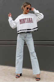 MONTANA GRIZZLIES PASS THE SHINE LONG SLEEVE METALLIC SHIMMER-STRIPE TOP WITH RIBBED NECKLINE AND CUFFS