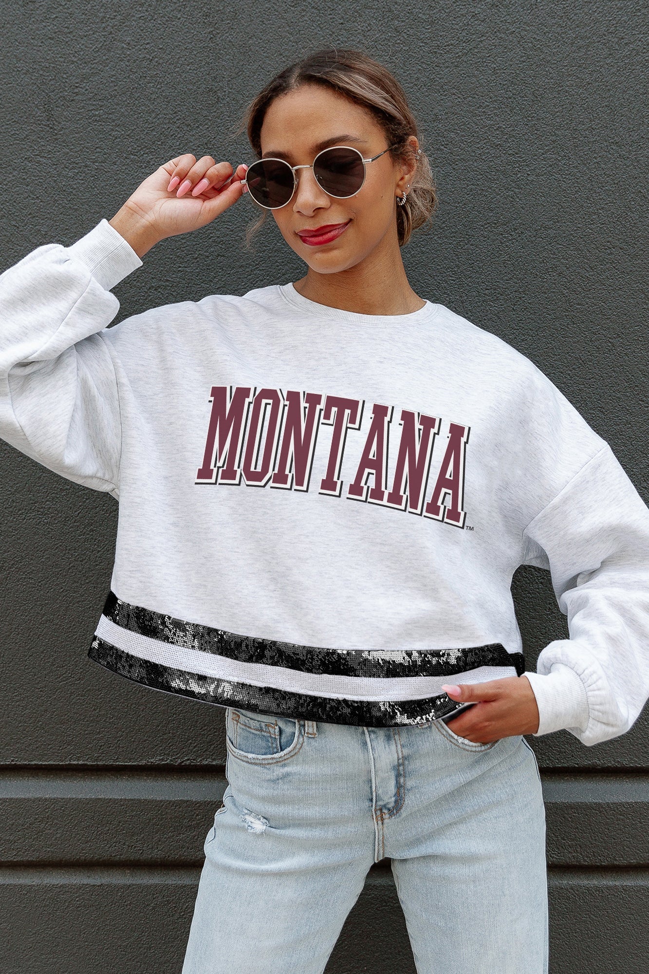 MONTANA GRIZZLIES PASS THE SHINE LONG SLEEVE METALLIC SHIMMER-STRIPE TOP WITH RIBBED NECKLINE AND CUFFS