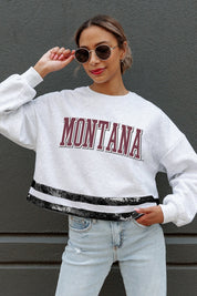 MONTANA GRIZZLIES PASS THE SHINE LONG SLEEVE METALLIC SHIMMER-STRIPE TOP WITH RIBBED NECKLINE AND CUFFS