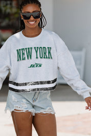 NEW YORK JETS PASS THE SHINE LONG SLEEVE METALLIC SHIMMER-STRIPE TOP