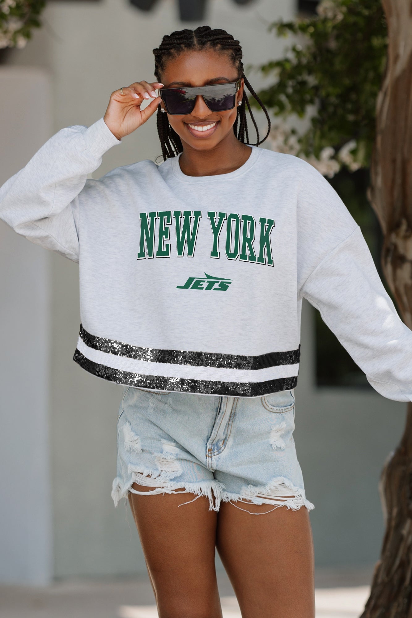 NEW YORK JETS PASS THE SHINE LONG SLEEVE METALLIC SHIMMER-STRIPE TOP