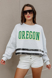 OREGON DUCKS PASS THE SHINE LONG SLEEVE METALLIC SHIMMER-STRIPE TOP WITH RIBBED NECKLINE AND CUFFS