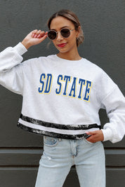 SOUTH DAKOTA STATE JACKRABBITS PASS THE SHINE LONG SLEEVE METALLIC SHIMMER-STRIPE TOP WITH RIBBED NECKLINE AND CUFFS