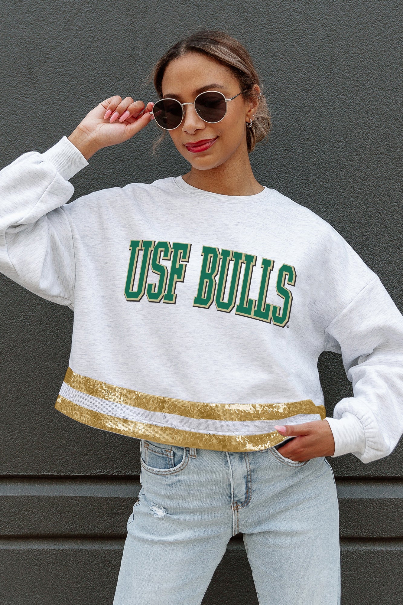 SOUTH FLORIDA BULLS PASS THE SHINE LONG SLEEVE METALLIC SHIMMER-STRIPE TOP WITH RIBBED NECKLINE AND CUFFS
