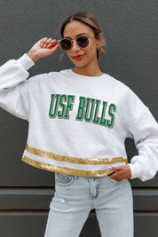 SOUTH FLORIDA BULLS PASS THE SHINE LONG SLEEVE METALLIC SHIMMER-STRIPE TOP WITH RIBBED NECKLINE AND CUFFS