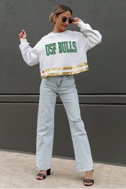 SOUTH FLORIDA BULLS PASS THE SHINE LONG SLEEVE METALLIC SHIMMER-STRIPE TOP WITH RIBBED NECKLINE AND CUFFS