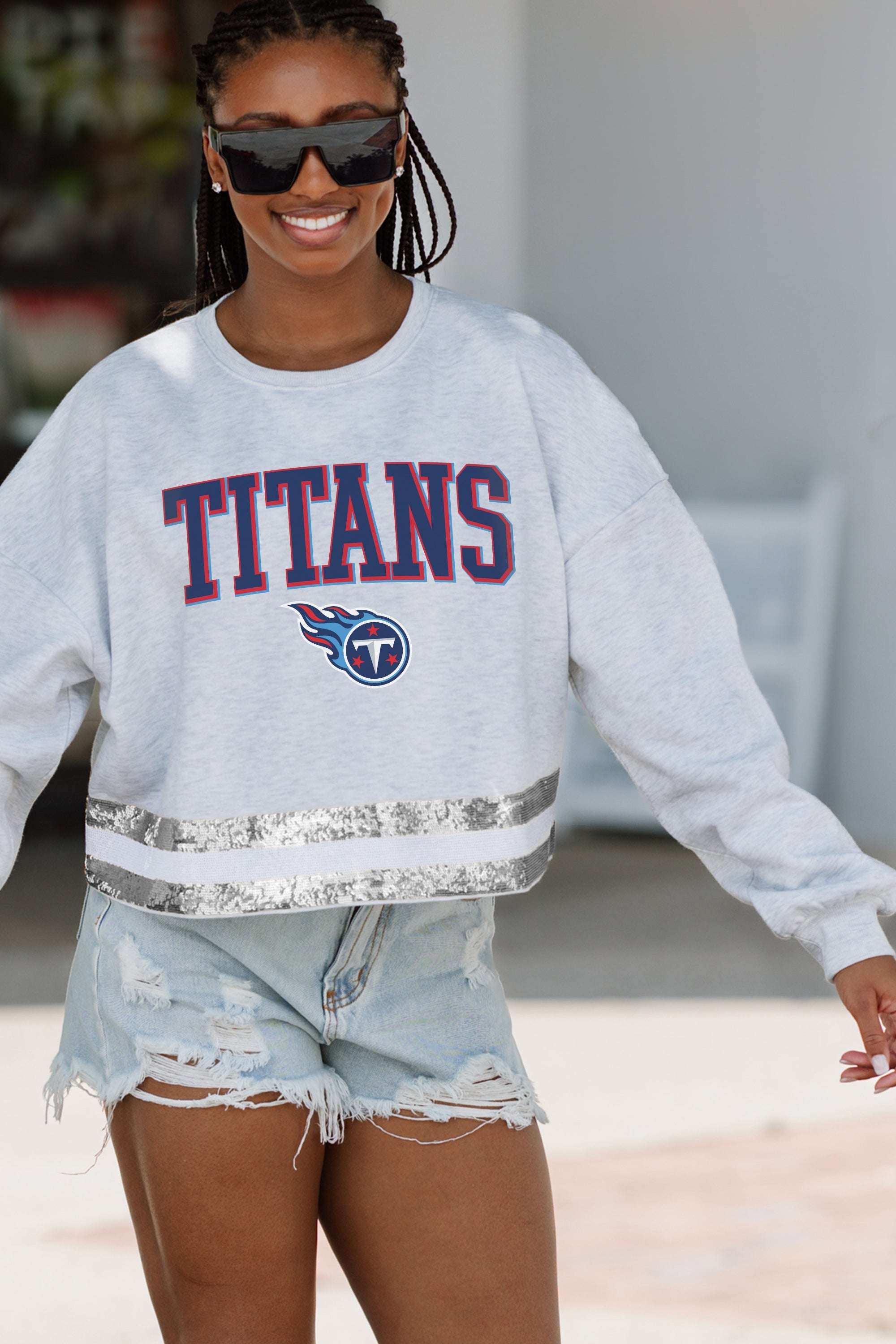 TENNESSEE TITANS PASS THE SHINE LONG SLEEVE METALLIC SHIMMER-STRIPE TOP