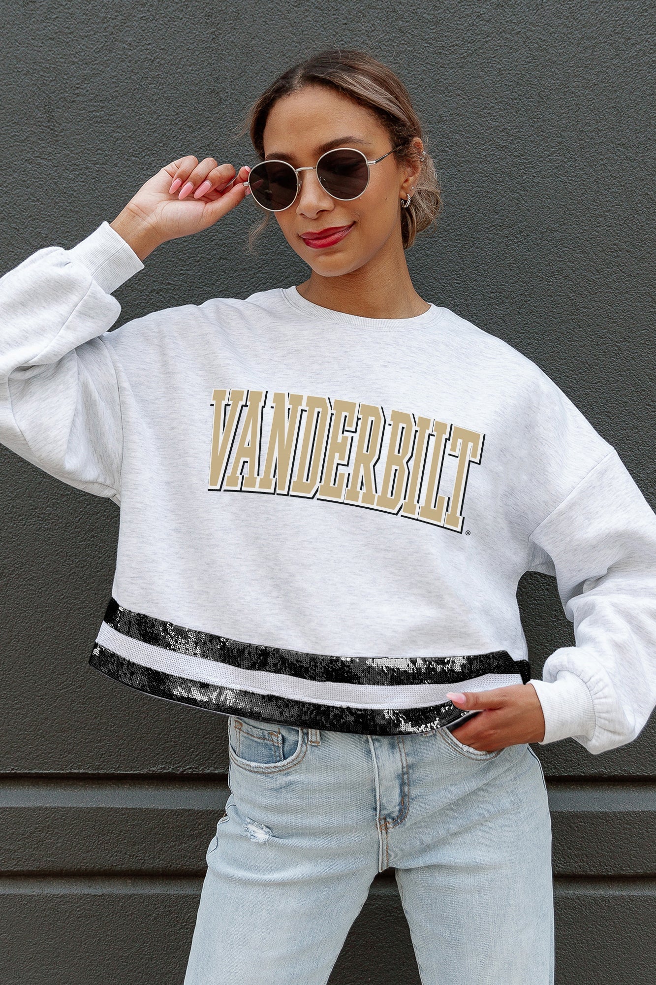 VANDERBILT COMMODORES PASS THE SHINE LONG SLEEVE METALLIC SHIMMER-STRIPE TOP WITH RIBBED NECKLINE AND CUFFS