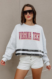 VIRGINIA TECH HOKIES PASS THE SHINE LONG SLEEVE METALLIC SHIMMER-STRIPE TOP WITH RIBBED NECKLINE AND CUFFS