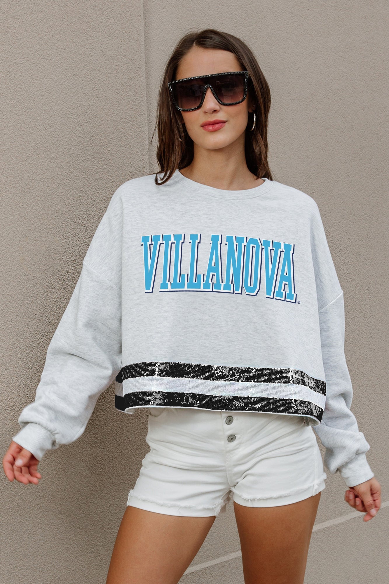 VILLANOVA WILDCATS PASS THE SHINE LONG SLEEVE METALLIC SHIMMER-STRIPE TOP WITH RIBBED NECKLINE AND CUFFS