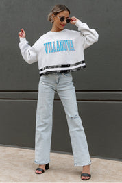 VILLANOVA WILDCATS PASS THE SHINE LONG SLEEVE METALLIC SHIMMER-STRIPE TOP WITH RIBBED NECKLINE AND CUFFS