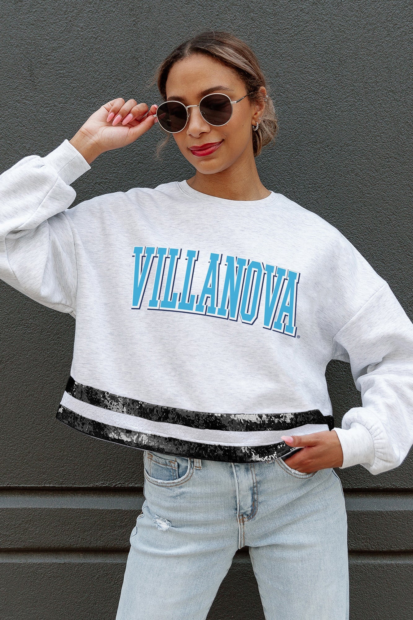 VILLANOVA WILDCATS PASS THE SHINE LONG SLEEVE METALLIC SHIMMER-STRIPE TOP WITH RIBBED NECKLINE AND CUFFS