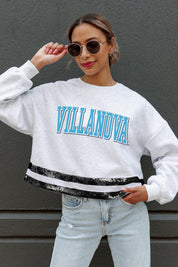 VILLANOVA WILDCATS PASS THE SHINE LONG SLEEVE METALLIC SHIMMER-STRIPE TOP WITH RIBBED NECKLINE AND CUFFS
