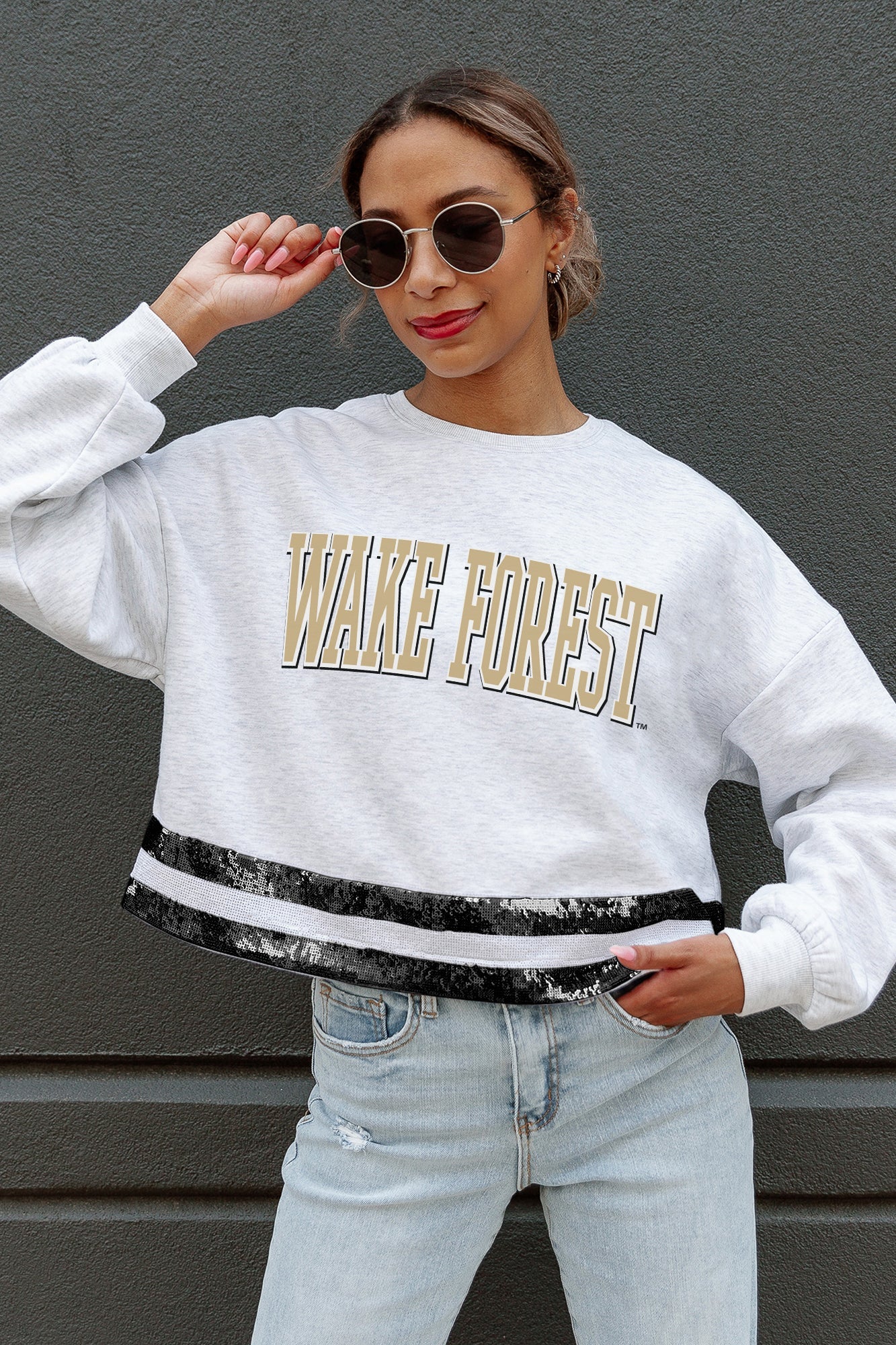 WAKE FOREST DEMON DEACONS PASS THE SHINE LONG SLEEVE METALLIC SHIMMER-STRIPE TOP WITH RIBBED NECKLINE AND CUFFS