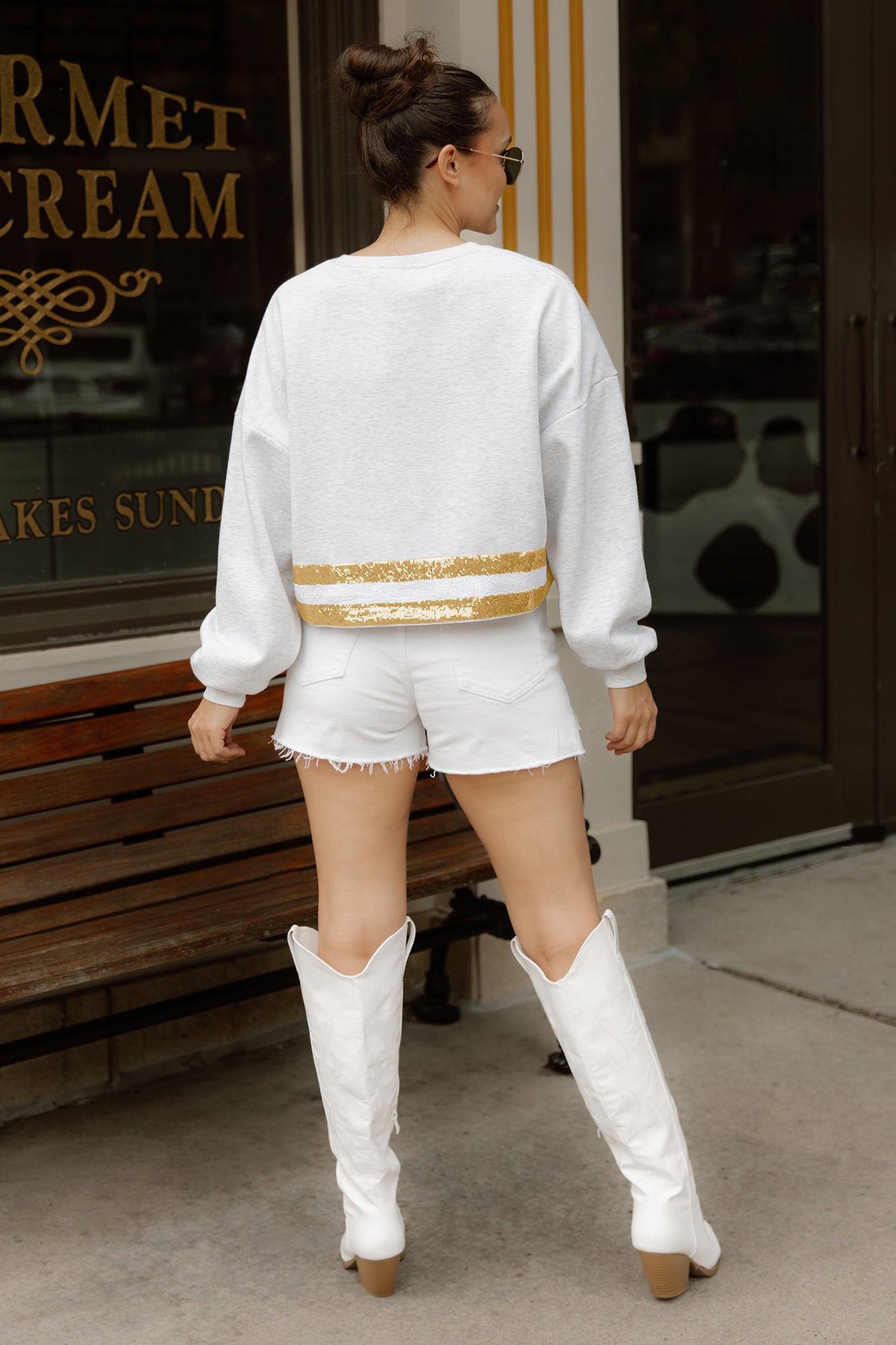 WYOMING COWBOYS PASS THE SHINE LONG SLEEVE METALLIC SHIMMER-STRIPE TOP WITH RIBBED NECKLINE AND CUFFS