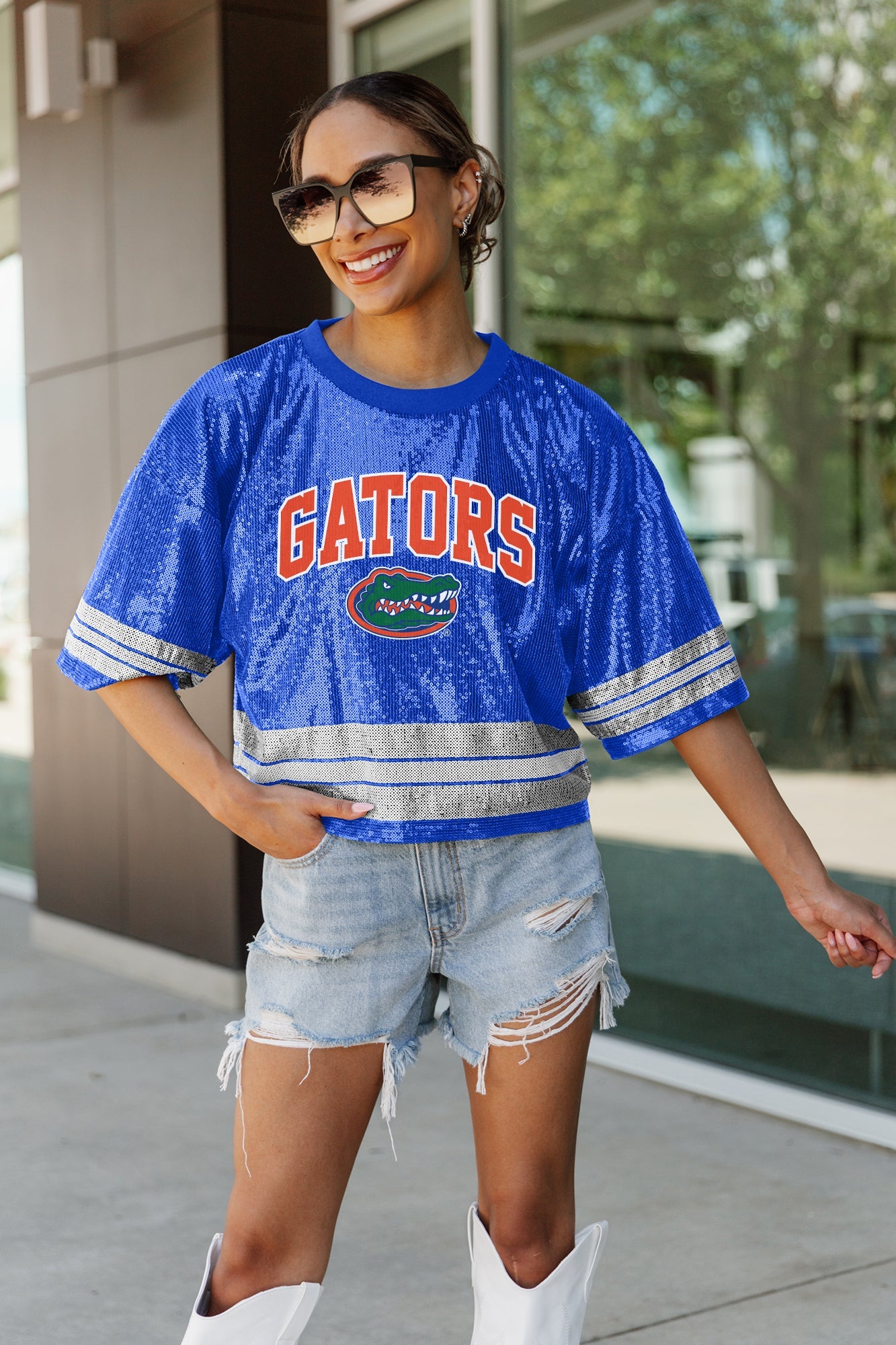 Royal Blue Sequined Gators Crop Jersey | Gameday Couture – Gameday
