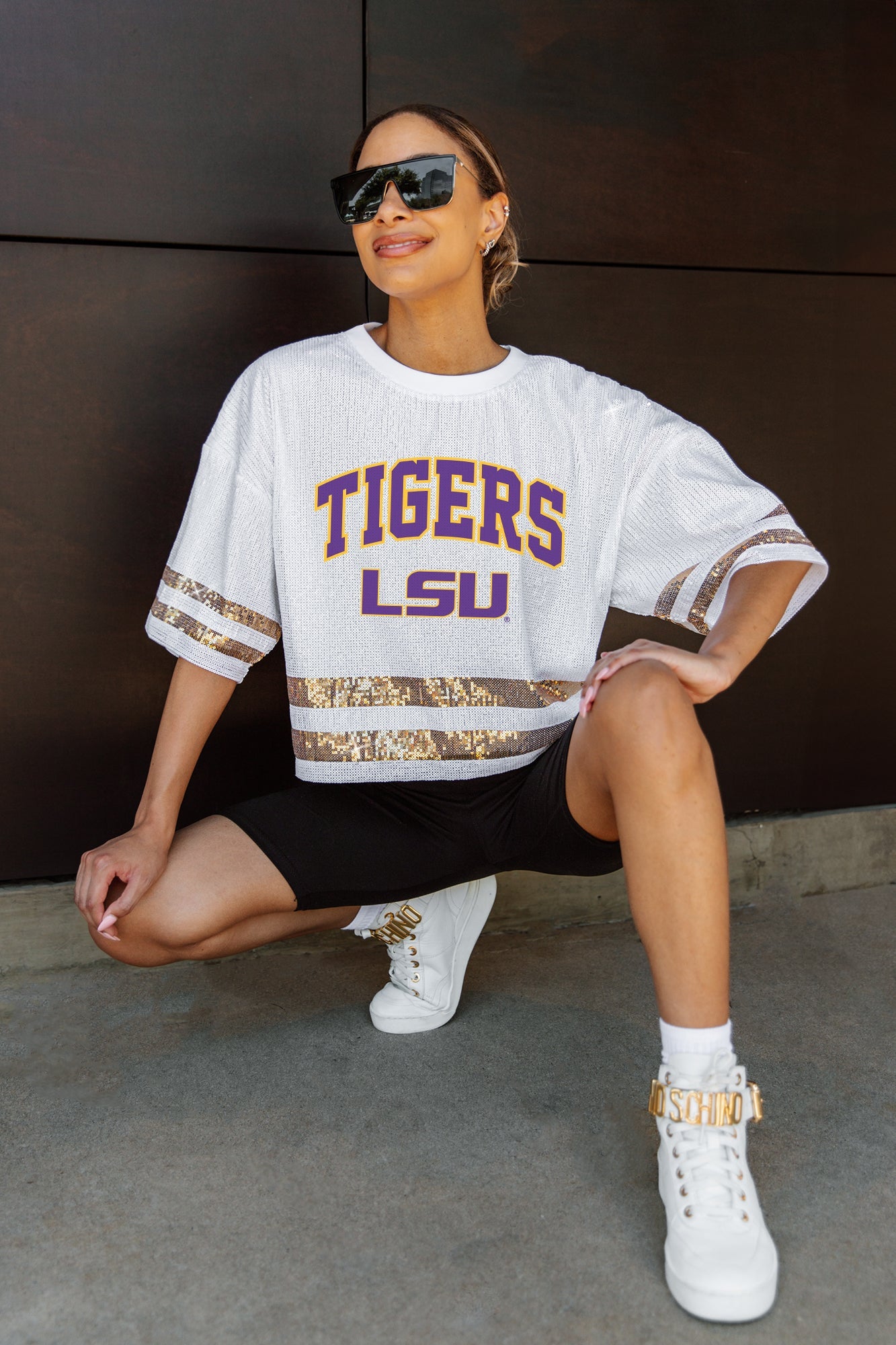 LSU TIGERS OWN THE GAME FULL SEQUIN SPARKLE SPORTS-STRIPED CROPPED JERSEY