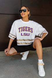 LSU TIGERS OWN THE GAME FULL SEQUIN SPARKLE SPORTS-STRIPED CROPPED JERSEY