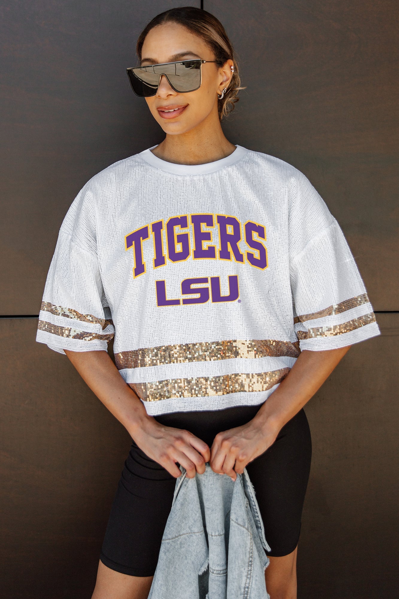 LSU TIGERS OWN THE GAME FULL SEQUIN SPARKLE SPORTS-STRIPED CROPPED JERSEY