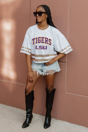 LSU TIGERS OWN THE GAME FULL SEQUIN SPARKLE SPORTS-STRIPED CROPPED JERSEY