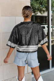 OKLAHOMA STATE COWBOYS OWN THE GAME FULL SEQUIN SPARKLE SPORTS-STRIPED CROPPED JERSEY