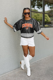 OKLAHOMA STATE COWBOYS OWN THE GAME FULL SEQUIN SPARKLE SPORTS-STRIPED CROPPED JERSEY