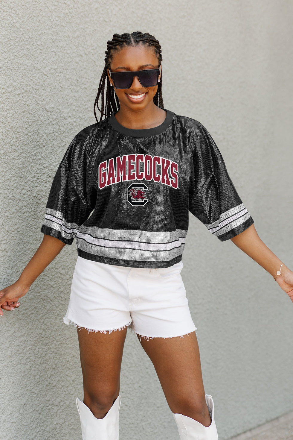 Women's Gameday Couture Black South Carolina Gamecocks Sequin Striped Cropped Fashion Jersey T-Shirt Size: Extra Large Women's Gameday Couture Black South Carolina Gamecocks Sequin Striped Cropped Fashion Jersey T-Shirt Size: Extra Large